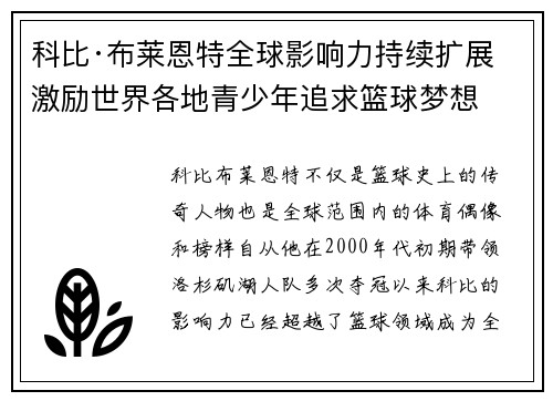 科比·布莱恩特全球影响力持续扩展 激励世界各地青少年追求篮球梦想 科比·布莱恩特全球影响力持续扩展 激励世界各地青少年追求篮球梦想